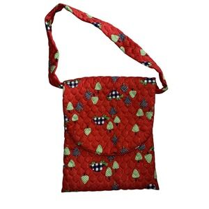 Vintage Handmade Quilted Crossbody Bag Cottagecore Red Trees & Turtle Print